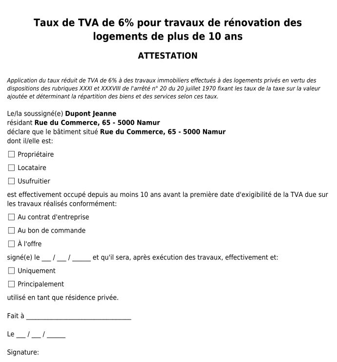 Attestation PDF TVA 6%